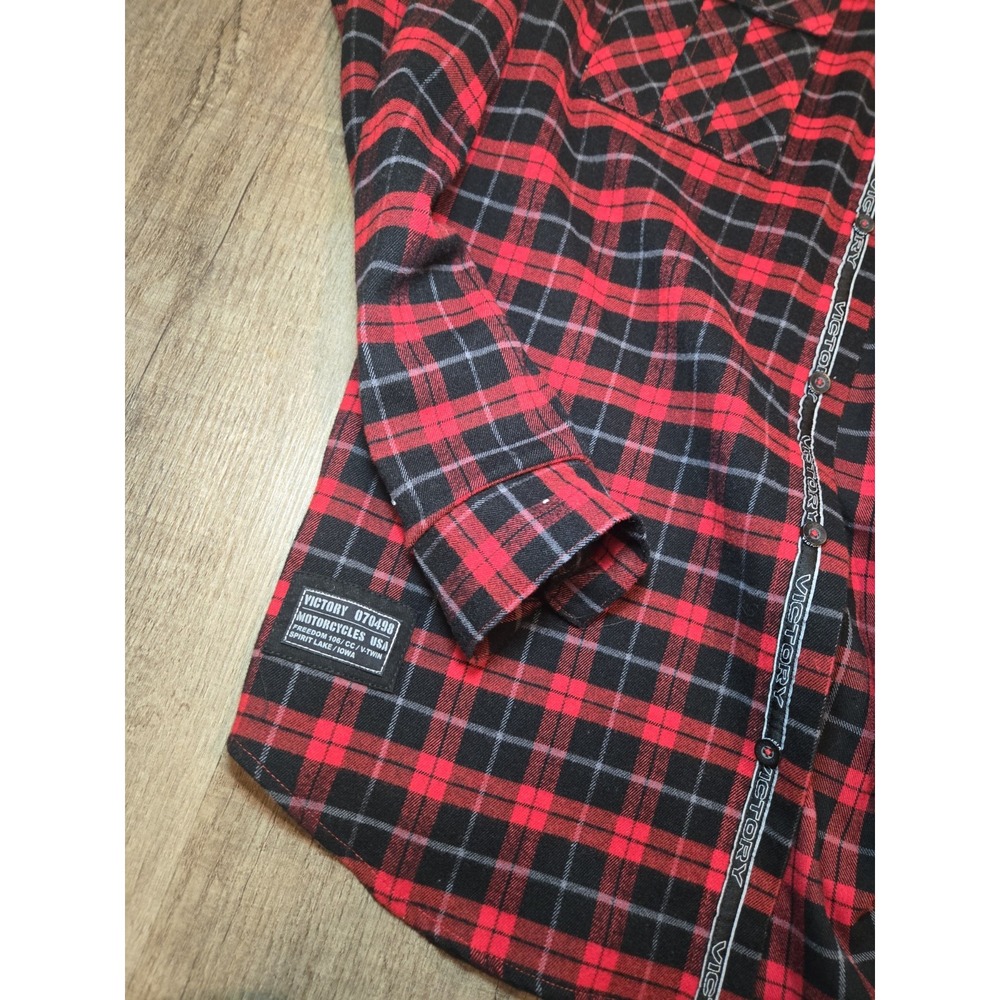 🔥 Victory Motorcycles Button‎ Down Red Black Plaid Shirt Men's Medium M - Picture 5 of 5
